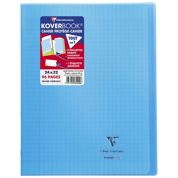 Cahier piqué Koverbook 24x32cm 96 pages grands carreaux PP transparent - Bleu CLAIREFONTAINE
