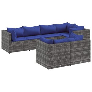 vidaXL Salon de jardin 7 Pièces avec coussins Gris Résine tressée