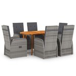 vidaXL Ensemble de Salle à Manger de Jardin de 7 Pièces avec Coussins Gris Poly Rattan Acacia