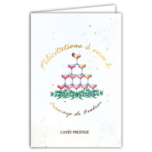 69-3140 Carte Félicitations à vous 2 Bonheur Cuvée Prestige Coupes Champagne Cocktail Peinture Aquarelle -Finitions Dorure Or Doré + Gaufrage en Relief +1 Enveloppe Format 12x17cm -Fabriqué en Europe