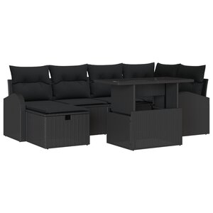 Ensemble de canapé de jardin 7 pièces avec coussins Rotin poly noir