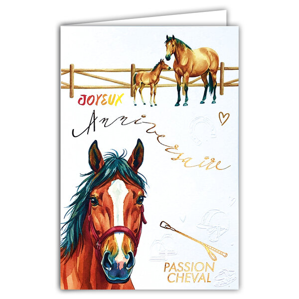69-3126 Carte Anniversaire Animaux Cheval Jument Poulain Poney pour Cavalier Cavalière Peinture Aquarelle -Finitions Dorure Or Doré + Gaufrage en Relief +1 Enveloppe Format 12x17cm -Fabriqué en Europe