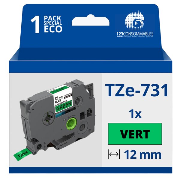 Ruban compatible Brother TZe731 - Texte noir sur fond vert - Largeur 12 mm x 8 mètres