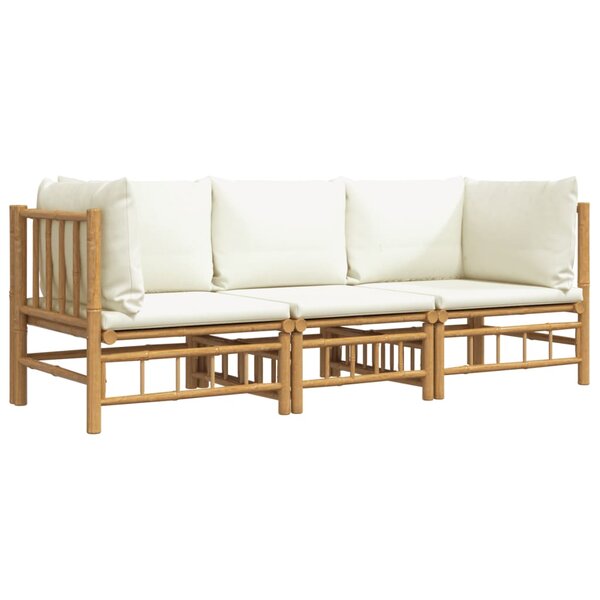 Salon de jardin meuble d'extérieur ensemble de mobilier 3 pièces avec coussins blanc crème bambou 02_0015920