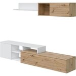 Ensemble meuble TV réversible JULIA - Mélaminé blanc et chêne - 2 Portes abattantes - 194 x 57 x 109 cm