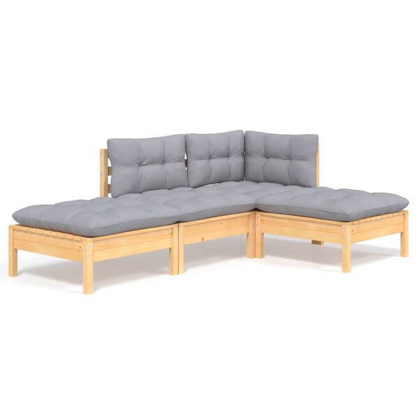 vidaXL Salon de jardin 4 Pièces avec coussins gris Bois de pin massif