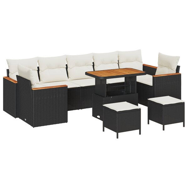 Ensemble de canapé de jardin 10 pièces avec coussins Noir Poly Rattan Acacia