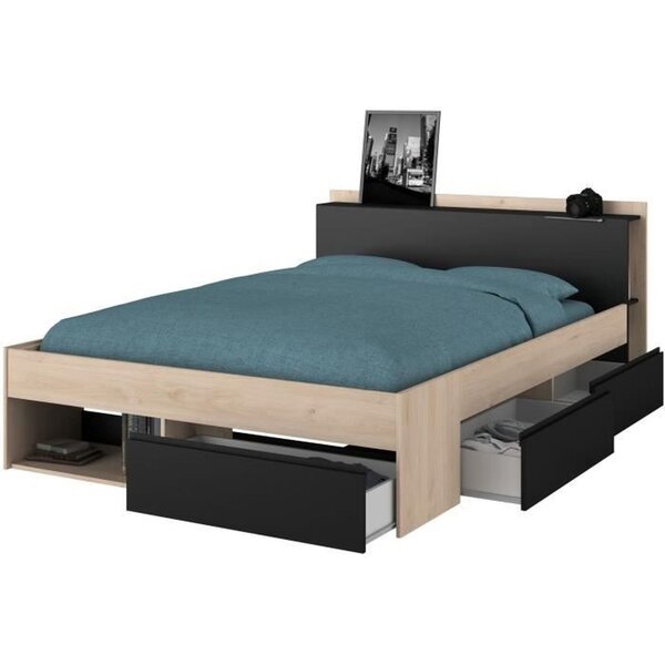 Lit adulte COMBO 160 x 200 cm - chêne et noir - 3 Tiroirs