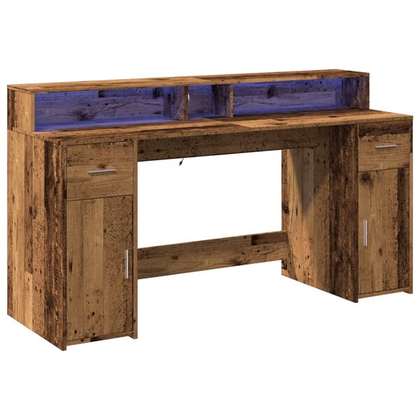 Bureau table poste de travail meuble d'ordinateur informatique étude avec lumières LED vieux bois bois d'ingénierie brun 02_0023441