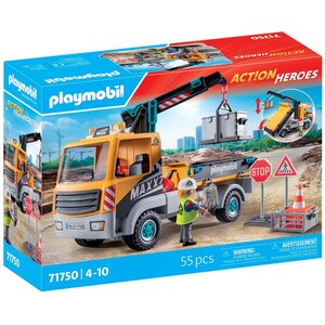 PLAYMOBIL 71750 - Action Heroes Camion de chantier avec grue et ouvrier et accessoires
