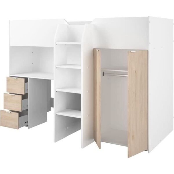 Lit combiné mezzanine enfant décor blanc et chêne avec sommier inclus 90 x 200 cm
