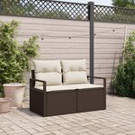Canapé de jardin 2 places avec coussins en poly rotin marron