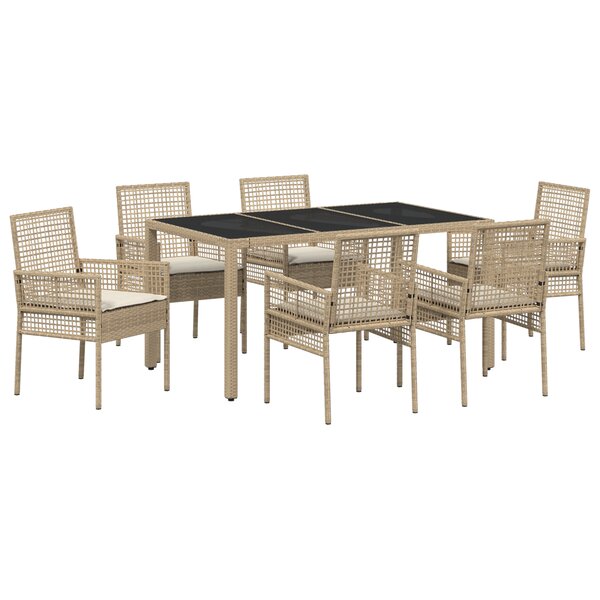 Ensemble de salle à manger de jardin 7 pièces avec coussins beige en poly rotin