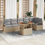 Ensemble de canapé de jardin 7 pièces vidaXL avec coussins en beige Poly Rattan Acacia