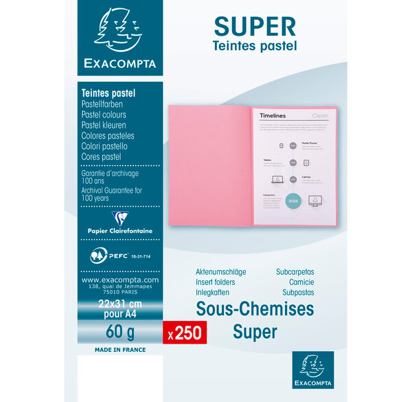 Paquet 250 sous-chemises 22 x 31 cm Super 60 Bleu Clair EXACOMPTA