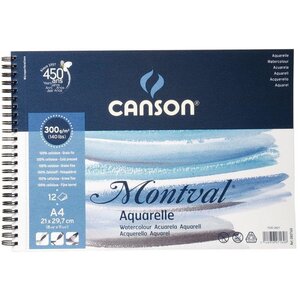 CANSON Album spiralé 12 feuilles papier aquarelle MONTVAL,  A4, 300G, grain fin blanc naturel