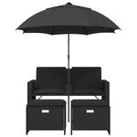vidaXL Canapé de jardin 2 places avec parasol et tabourets noir rotin