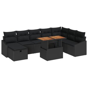vidaXL Ensemble de canapé de jardin de 9 pièces avec coussins en noir poly rotin
