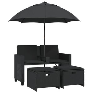 vidaXL Canapé de jardin 2 places avec parasol et tabourets noir rotin