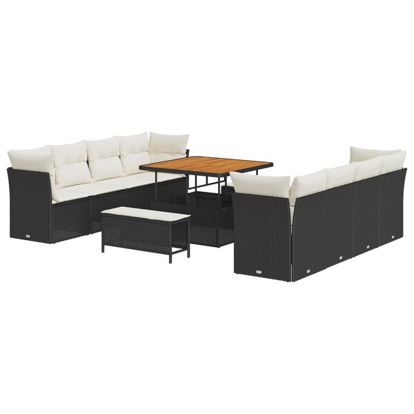 Ensemble de Canapé de Jardin 11 pièces avec Coussins Noir en Poly Rattan Acacia