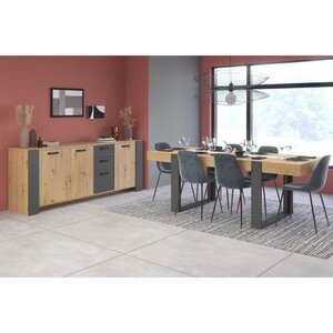 Enfilade 3 portes + table Loft rectangulaire 8 personnes - Mélaminé chêne artisan et gris