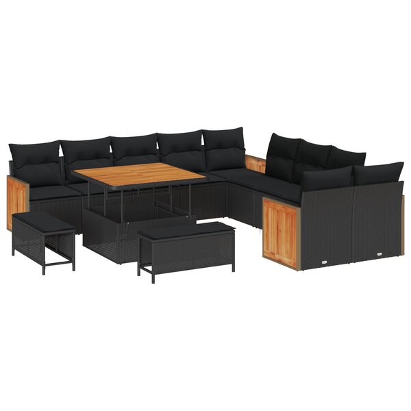 Set de Sofa de Jardin 13 pièces avec Coussins Noir Poly Rattan Acacia