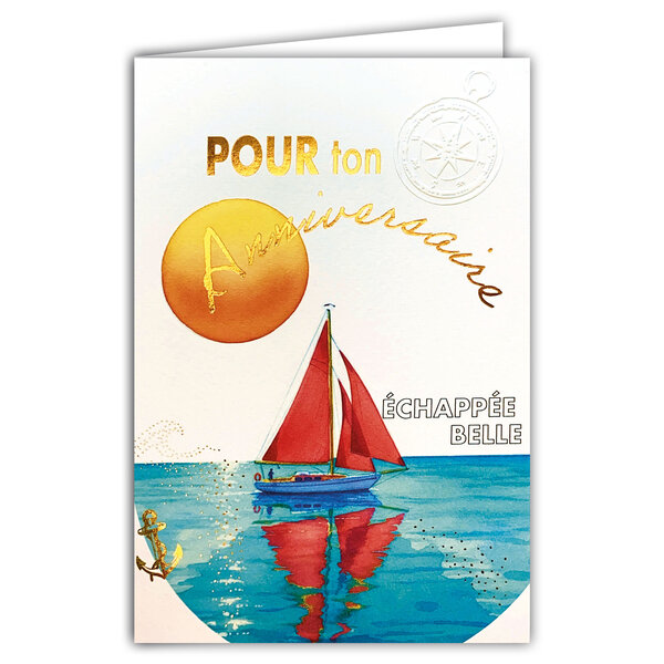 69-3132 Carte Anniversaire Bateau Voilier pour Homme Femme qui aime la Mer Océan Lac Peinture Aquarelle - Finitions Dorure Or Doré + Gaufrage en Relief +1 Enveloppe Format 12x17cm - Fabriqué en Europe