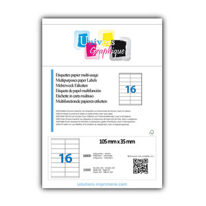 Lot de 1000 planches a4 de 16 étiquettes à bords vifs 105 x 35 mm en papier blanc 70g/m² multifonction