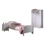AMORI Lit simple 90x200cm  laqué blanc + Table de chevet + Armoire 2 portes