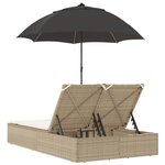 vidaXL Chaise longue double avec coussins et parasol beige poly rotin