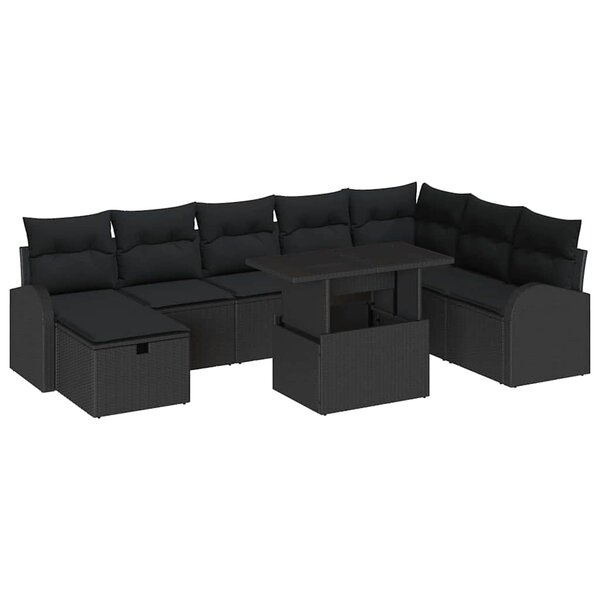 vidaXL Ensemble de canapé de jardin avec coussin 9 Pièces Noir Poly rotin