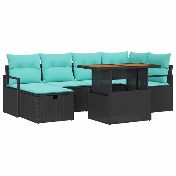 vidaXL Ensemble de canapé de jardin avec coussin 7 Pièces Noir Poly rotin