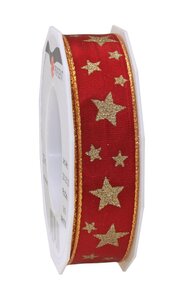 Ruban de soie acetate avec étoiles  arktis 20-m-rouleau 25 mm  rouge feu