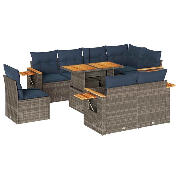 vidaXL Salon de jardin avec coussins 9 Pièces gris résine tressée acacia