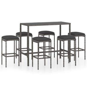 vidaXL Ensemble de bar de jardin 7 Pièces et coussins Résine tressée Gris