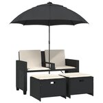 vidaXL Canapé de jardin 2 places avec parasol et tabourets noir rotin