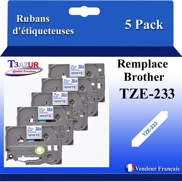 5x  Rubans d'étiqueteuses compatibles avec Brother Tze233  Tze-233 pour étiqueteuses P-touch - Texte bleu sur fond blanc - Largeur 12 mm x 8 mètres - T3AZUR