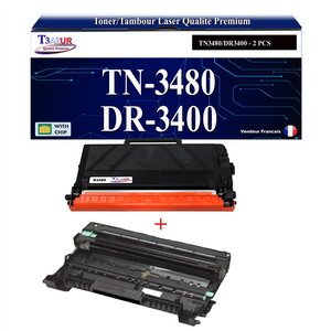 T3AZUR- Kit Tambour+Toner compatibles  avec Brother TN3480  DR3400  pour Brother HL-L5100DN HL-L5200DW MFC-L5750DW HL-L5000D DCP-L5500DN HL-L6300DW- 8 000 pages