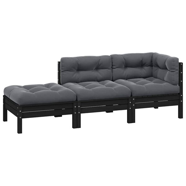 vidaXL Salon de jardin 3 Pièces avec coussins Noir Bois de pin solide