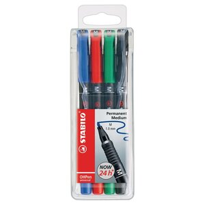 OHPen marqueur universel permanent pointe ogive moyenne 1 mm couleurs assorties étui de 4 (paquet 4 unités)