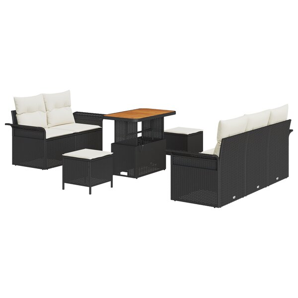 Ensemble de Canapés de Jardin 8 Pièces avec Coussins Noir Poly Rattan Acacia