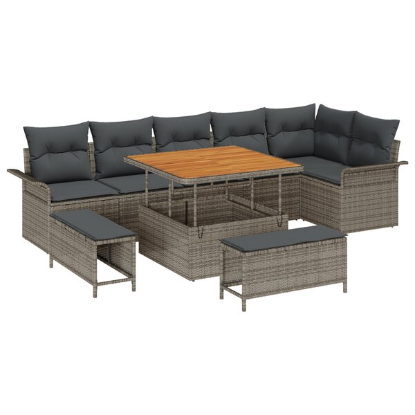 vidaXL Canapés de Jardin 9 Pièces avec Coussins Gris Poly Rattan Acacia