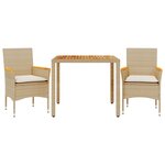 vidaXL Ensemble à manger de jardin et coussins 3Pièces beige rotin acacia