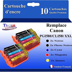 T3AZUR - 10x Cartouches compatibles avec Canon PGI-580 CLI-581 XXL pour Canon Pixma TS9155 TS9500 TS9540 TS9541C TS9550 TS9551C