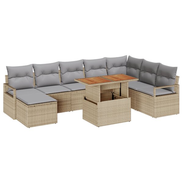 vidaXL Lot de canapés de jardin 9 pièces avec coussins beiges en rotin synthétique et acacia
