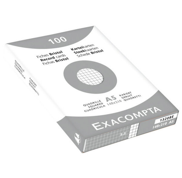 Etui de 100 Fiches BRISTOL 148x210 mm Quad 5X5 non perforées Blanc EXACOMPTA