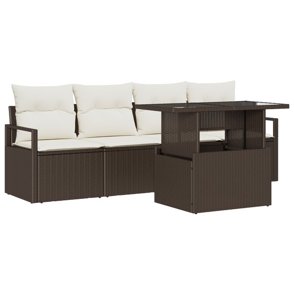 Ensemble de canapé de jardin 5 pièces avec coussins en poly rotin marron vidaXL