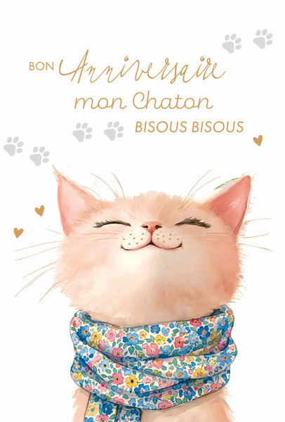 69-3121 Carte Anniversaire pour Fille Chat Chaton Câlin Bisous Foulard Fleuri Peinture Aquarelle Mignonne -Finitions Dorure Or Doré + Gaufrage en Relief +1 Enveloppe Format 12x17cm -Fabriqué en Europe
