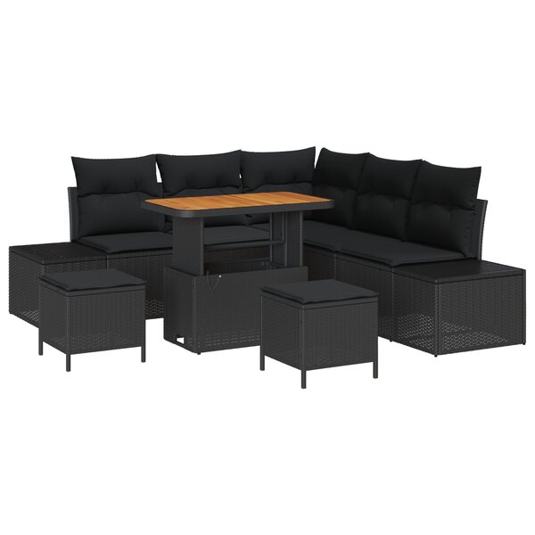 Ensemble de canapé de jardin 8 pièces avec coussins noir poly rattan acacia