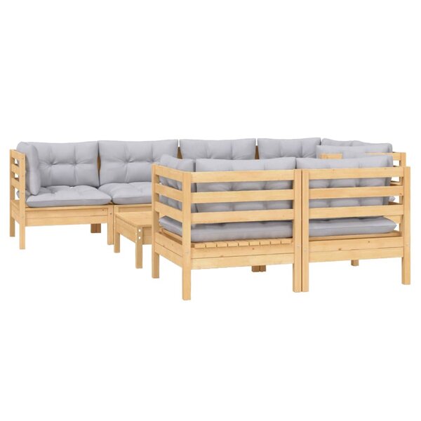 Salon de jardin meuble d'extérieur ensemble de mobilier 8 pièces avec coussins gris bois de pin massif 02_0017578
